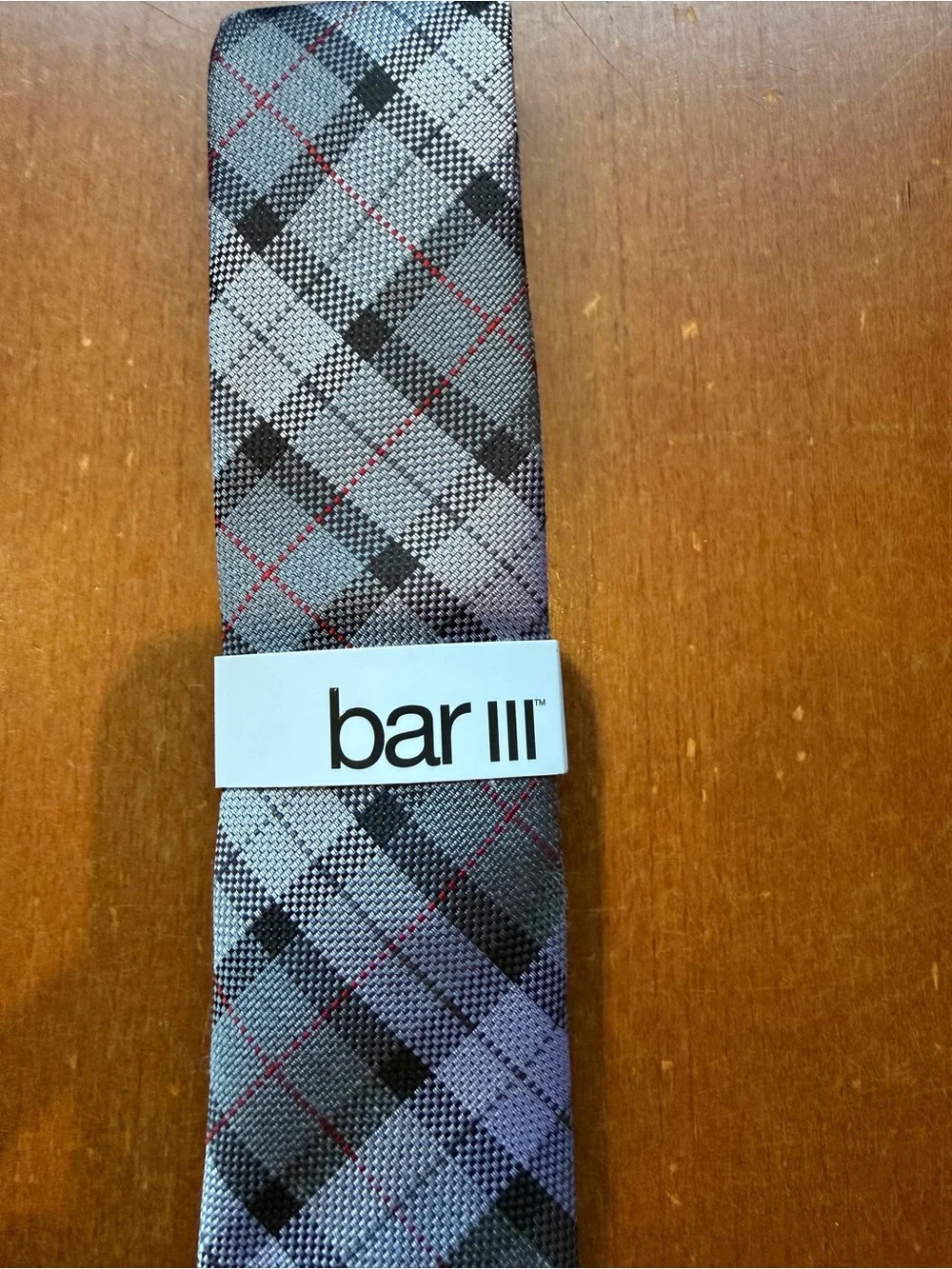 Bar III Gray Plaid Tie with Black and Red Accentsz